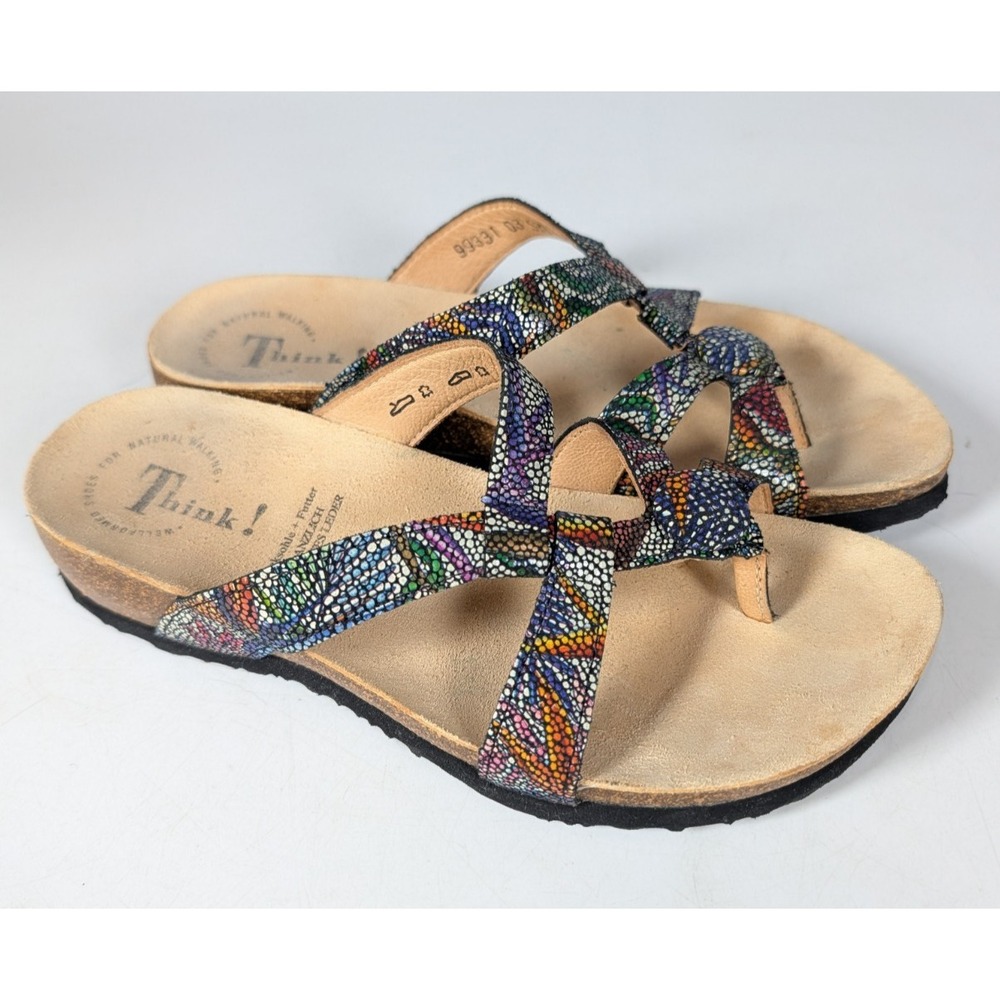 Think! Julia Casual Slip On Toe Loop Sandals Multi Leather Size: 37 / 6.5-7
